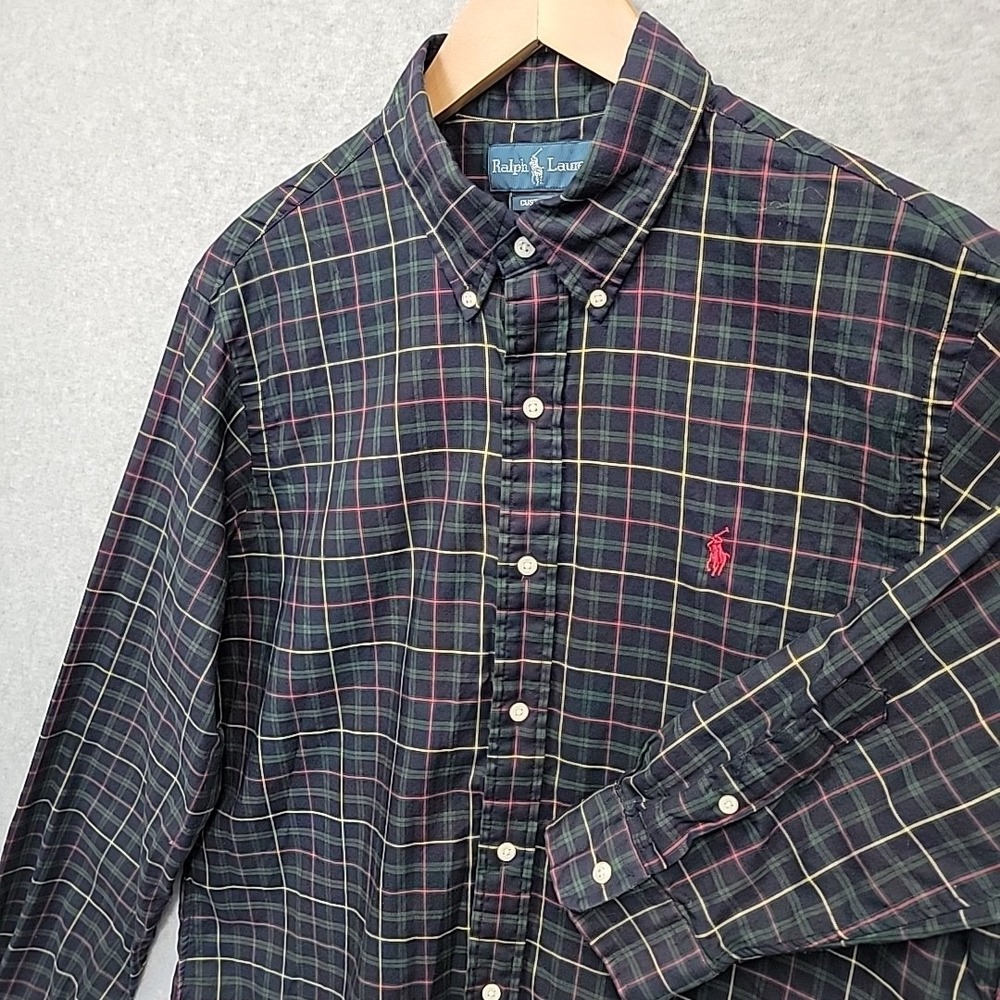 RALPH LAUREN Mens Sz L Custom Fit Long Sleeve Button Down Shirt Plaid Check Navy